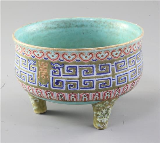 A rare Chinese enamelled porcelain tripod censer